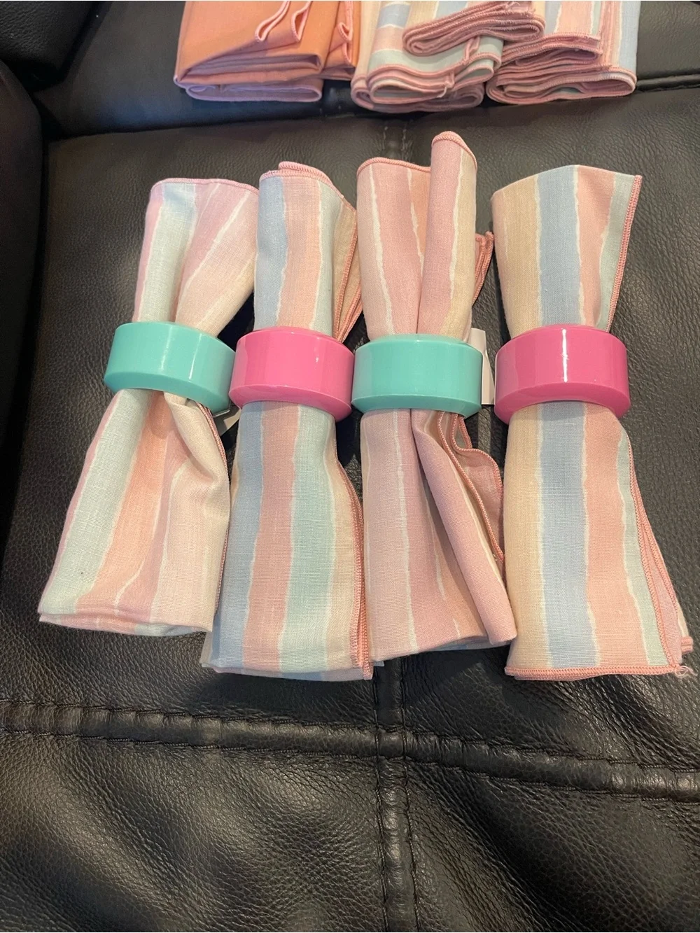 Striped Pastel Napkins and Rings vintage set of 4
